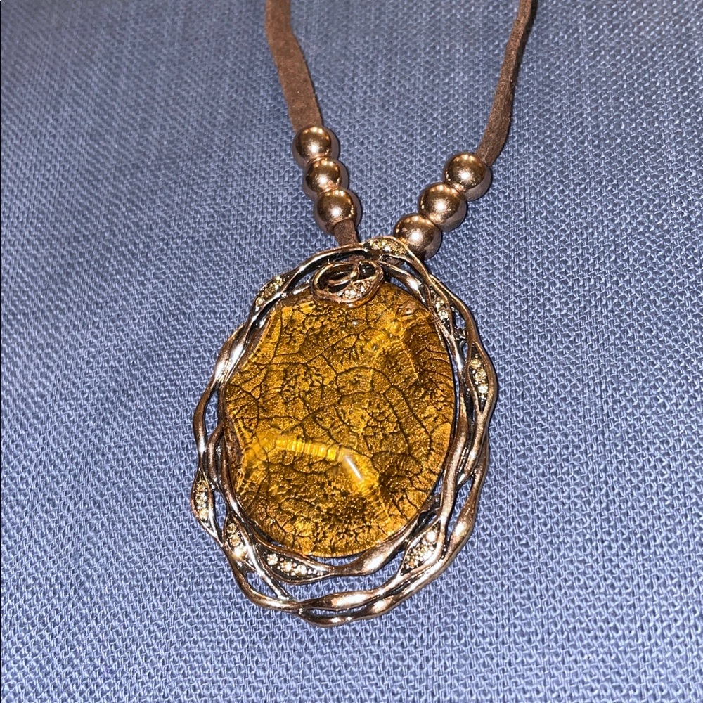 Brown and Gold Pendant Necklace leather strap Fashion jewelry - Picture 3 of 6